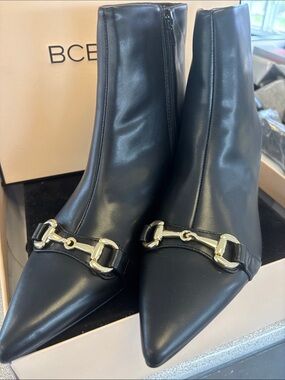 BCBG Black Leather Pointed Toe Ankle Booties with Gold Bit Detail